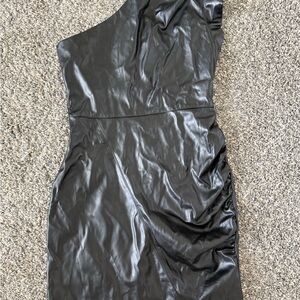 Entro Black One-Shoulder Leather Dress